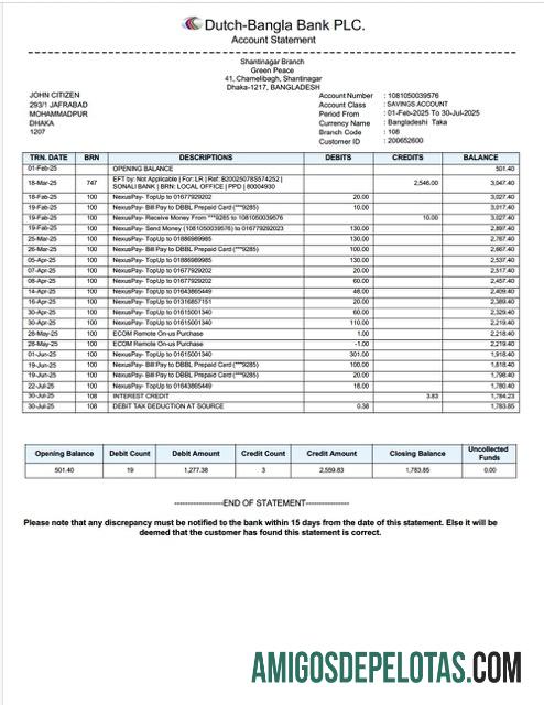 Extrato de conta limitado do Bangladesh Dutch Bangla Bank para download, modelo Word e PDF